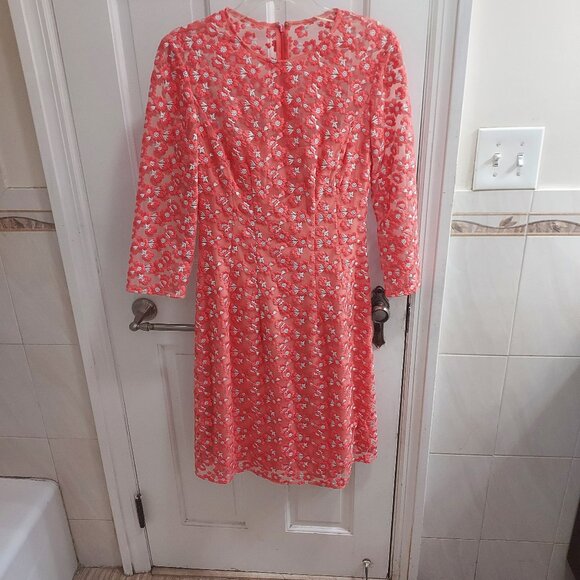 Lela Rose Modest Coral Pink Holly Floral Embroidered Dress - Picture 6 of 8